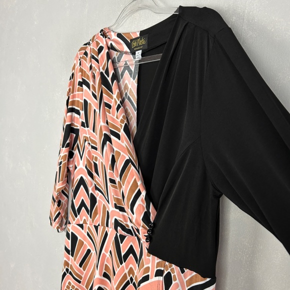 Bob Mackie plus size 1X faux wrap dress 3/4 sleeve stretch knit black geometric - Picture 6 of 14